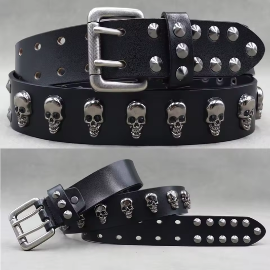 Cinturón de Remaches de Cuero Genuino para Hombre – Cinturón con Tachuelas de Calavera Punk y Animal, 3.8cm